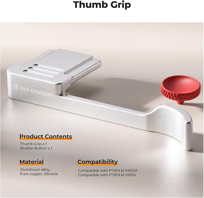 K&F CONCEPT Camera Thumb Grip with Red Shutter Button Compatible with FUJIFILM X100VI X100V, Sliver - Image 8