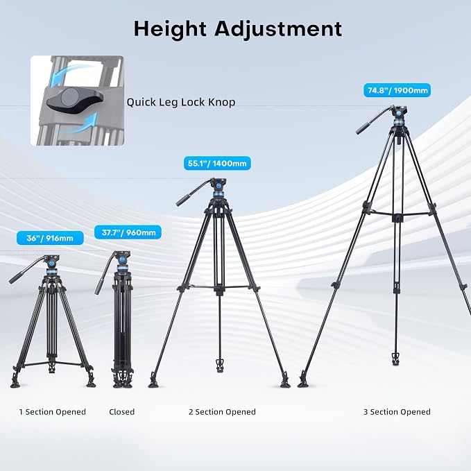 SIRUI AM-25S Video Tripod 74.8", Fluid Head, Quick Release, Max Load 22lb | 360° Pan, +90°/-75° Tilt, Aluminum Alloy, Camcorder, DSLR, Mirrorless Camera, Video Recording, Stable Support - Image 9