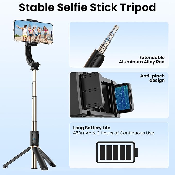 Gimbal Stabilizer for Smartphone, 1-Axis Auto Balance Handheld Gimbal, 360° Rotating Extendable Selfie Stick Tripod, Wireless Remote Control for iPhone Android Travel Vlogging TikTok YouTube - Image 7