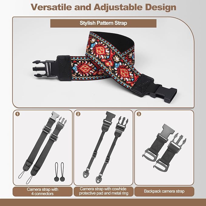 Adjustable Camera Neck Strap, Vintage Embroidered Shoulder & Crossbody Camera Strap with 4 Connection Ways, Anti-Slip Camera Strap for DSLR, Mirrorless & Camcorder, Travel & Outdoor Photography Gear - Image 4