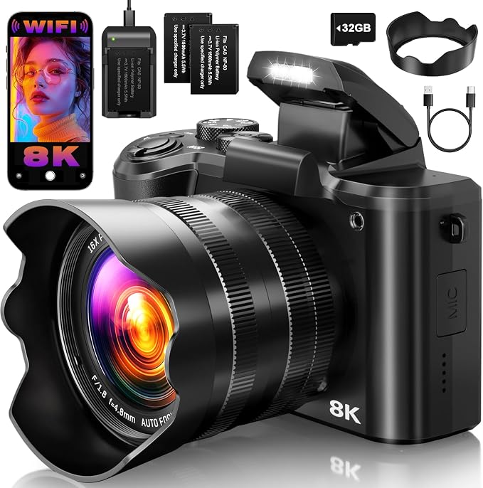 8K Digital Cameras for Photography, 2026 Autofocus 88MP WiFi Professional Photography Camera with Dual-Lens for YouTube, 16X Digital Zoom, TF Card, Lens Hood, Touch Screen,2 Batteries & Charging Stand by ChooseTheBestBrand
