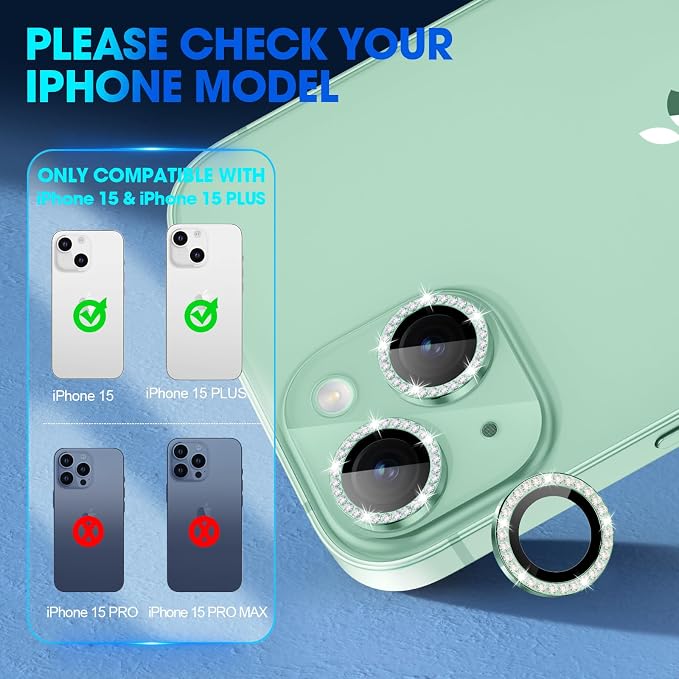 for iPhone 15/15 Plus Camera Lens Protector Bling Diamond, Green | Individual Metal, 9H Hardness, Scratch Resistant, Shockproof, Drop Protection, Case Friendly, Stylish Accessories - Image 2