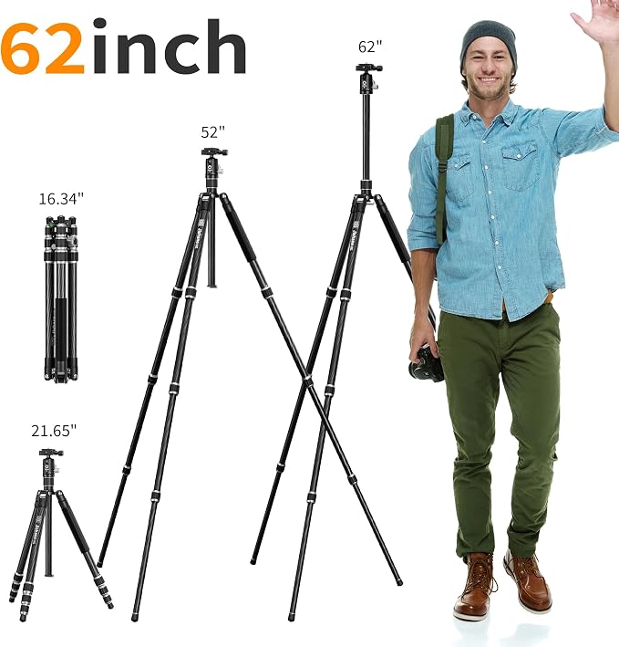 Carbon Fiber Camera Tripod, 62" Professional Video Tripod for Camera with 360° Ball Head, 1/4" Arca QR Plate, Compact Lightweight Travel Monopod for DSLR/Smartphone, Max Load 17.6 lbs/8kg - Image 7