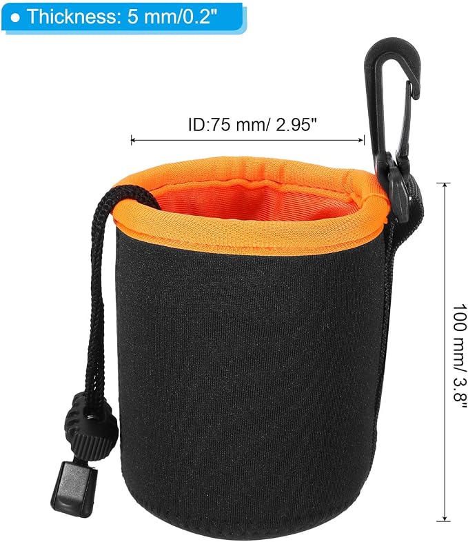 PATIKIL Camera Lens Bag, 2 Pcs 3" ID x 3.9" H Cylindrical Drawstring Lens Pouch with Thick Protective Neoprene, Lens Case for DSLR Camera Lens, Water Coffee Cups Black, Orange - Image 2