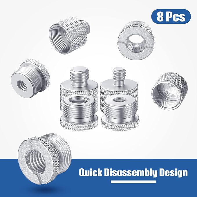 8 Pcs Mic Stand Adapter 5/8 Female to 3/8 Male 4 Types | Silver Mic Thread Adapter 8 Pcs, 5/8 3/8 1/4 Screw, Aluminum Alloy Knurled, Non Slip Grip, for Mic Stand and Boom Arm - Image 2