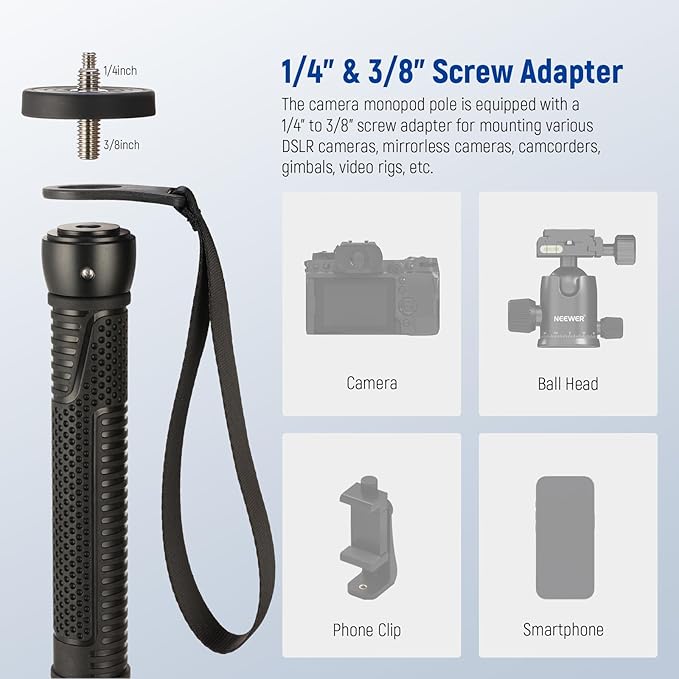 NEEWER 66.5" Camera Monopod Stand, Lightweight Travel Selfie Stick, TP42 | Aluminum, for DSLR Camcorder Photography & Video Recording, 1/4" & 3/8" Screw Adapter, Max Load 22lb - Image 4