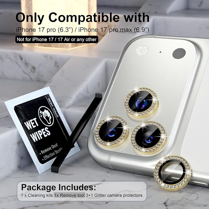 Choiche for iPhone 17 Pro/iPhone 17 Pro Max Camera Lens Protector | Ultra HD, Bling 9H Tempered Glass Camera Cover Screen Protector Metal Ring Decoration Accessories (Diamond-Gold) - Image 2