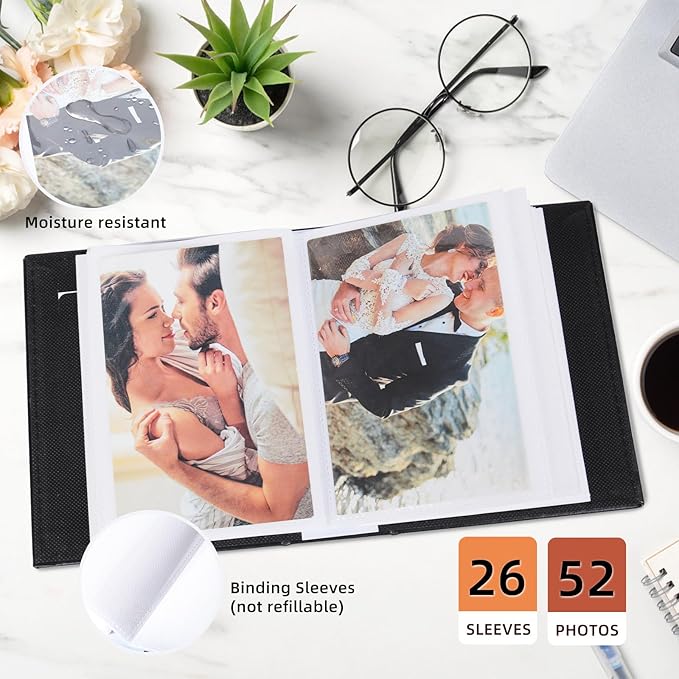 RECUTMS Small Photo Album 4x6 52 Photos Leather Baby Picture Book Dark Blue | White Inner Pages, 52 Vertical Pockets, Mini Albums for Family Wedding Travel, DIY Front Window, Artwork or Postcards Storage - Image 4