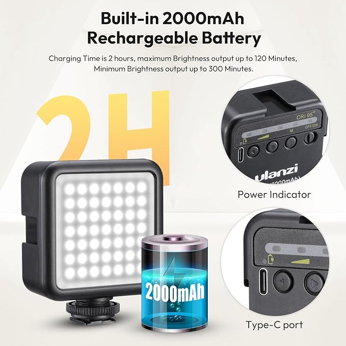 Ulanzi VL49 On-Camera LED Video Fill Light, 5500K 2000mAh Rechargeable | CRI95+, 3 Cold Shoe Light, Dimmable Brightness, Portable Mini Photography Lighting, for Vlog TikTok YouTube Live Streaming - Image 7