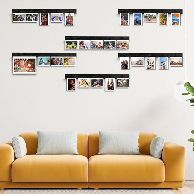 6 Picture Frames Collage Wall Decor With 30 Clips, Wood Photo Frame, No Drilling Required, Adhesive Stickers, Easy to Install, Black. - Image 3