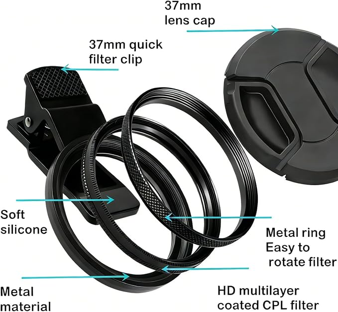 37mm Clip-On CPL Filter Circular Polarizing Lens Kit to Eliminate Glare & Boost Color, Optical Multi-Coated Glass with Universal Clip for Mobile Photography for Android Phone iPhone 6 7 8 9 10 11 12 - Image 3