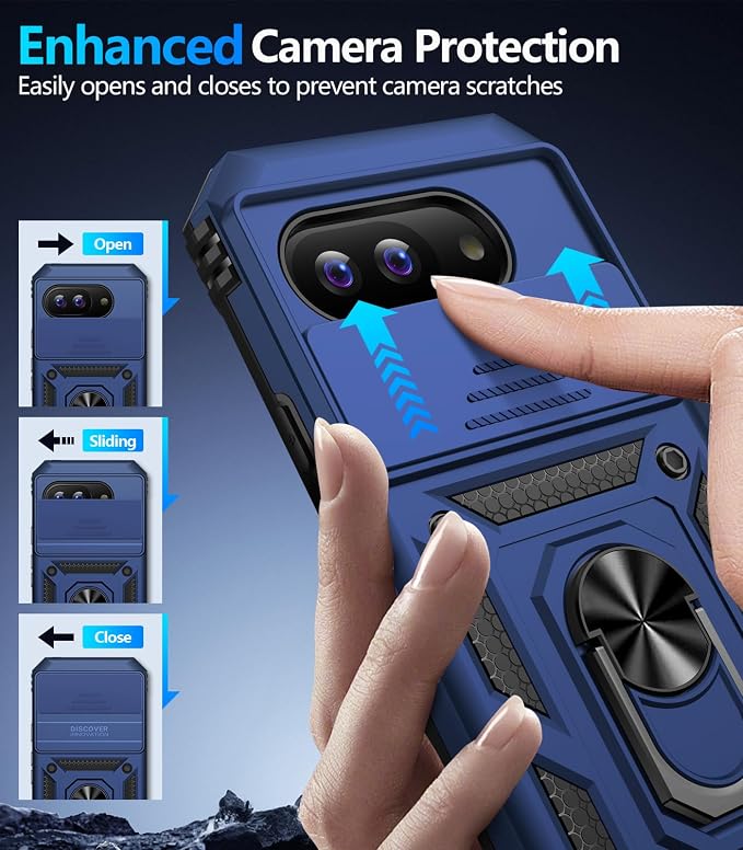 Taisairu for Google Pixel 10A Case with Screen Protector & Slide Camera Lens Cover,Built-in 360°Rotate Magnetic Ring Stand Shockproof Protective Phone Case for Google Pixel 10A Case (Blue) - Image 6