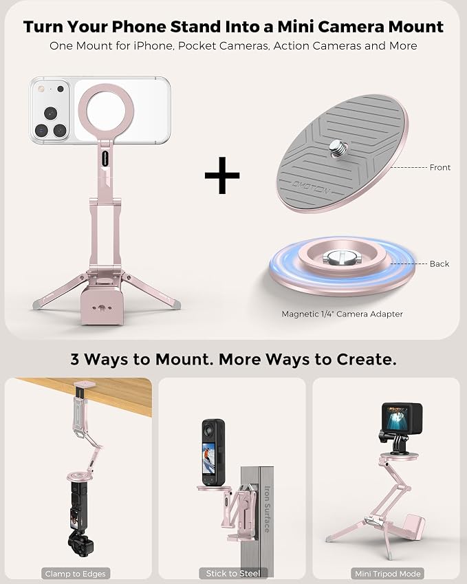 OMOTON TP02-Ultra Magnetic Action Camera Mount for DJI/GoPro iPhone，Pink | Arca-type Adapter with 1/4" Screw, 4 in 1 Phone Tripod for Travel Vlog, Adjustable & Swivel, for iPhone 12-17 Series - Image 2