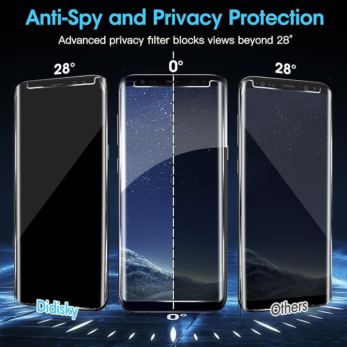 Didisky 2 Pack Privacy Screen Protector for Samsung Galaxy S8 Plus, S8+ Tempered Glass, 3D Curved Full Coverage, Anti-Spy, Anti Scratch, Bubble Free, Easy to Install,9H Hardness, - Image 3