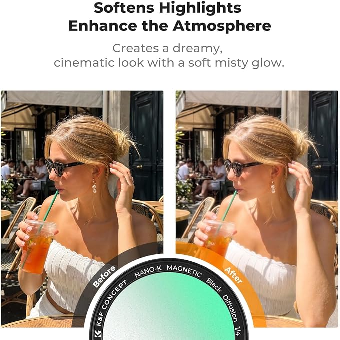 K&F CONCEPT Black Diffusion 1/4 Filter Compatible with iPhone 17-14 Pro/Max | 49mm Magnetic Black Diffusion 1/4 Lens Filter with Magnetic Press-Fit Mount, Softens highlights, Cinematic Aesthetic, FA302 - Image 4