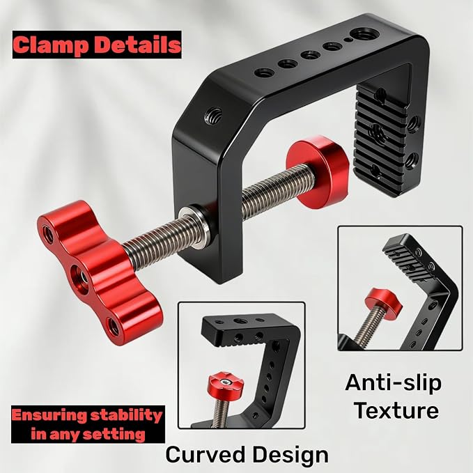 Tlence C Clamp Desk Camera Mount, Table Clamps with 1/4" and 3/8" Thread, Metal Desktop C Clamp for Light Stand, Heavy Duty Clamps Jaw for Workbench, Rods, Shelves, Bike, Fits up to 2.5" Thickness - Image 5