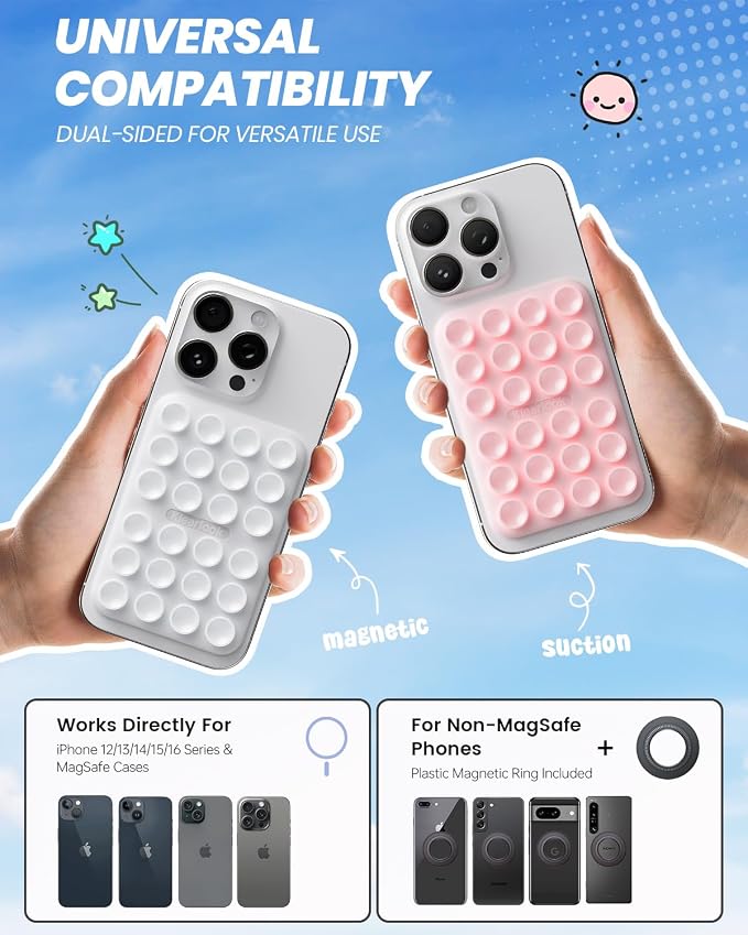 2Pack Magnetic Suction Phone Mount for MagSafe, Light Pink & Classic White | Sticky Phone Grip Holder for iPhone, Removable Hands-Free Selfie/Video for TikTok Influencers, Women Girl Gift - Image 2
