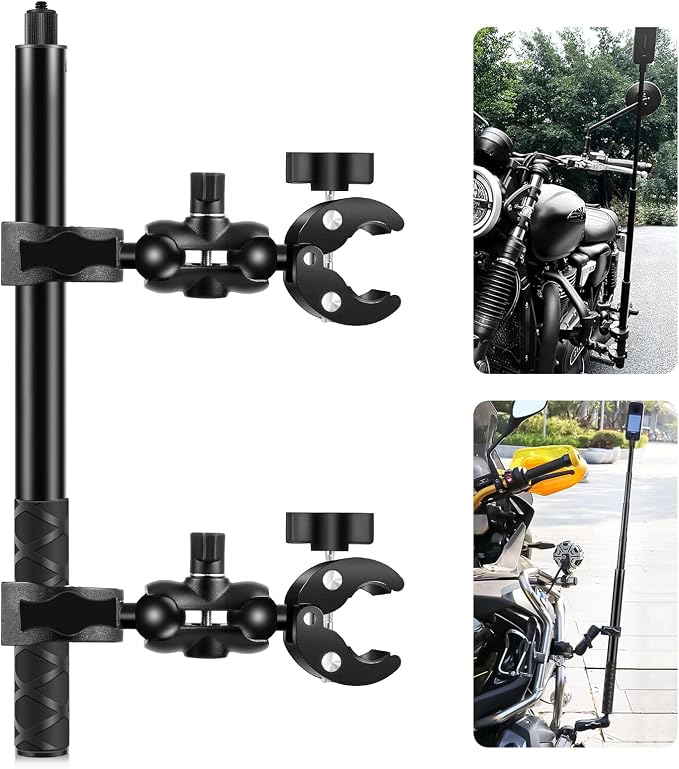 PULUZ Motorcycle Bike Handlebar Double clamp Mount with 59" Invisible Selfie Stick for insta360 X4/X3/X2/XONE/GO2/3 Action Camera by PULUZ