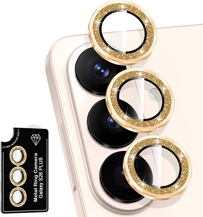 for Samsung Galaxy S26 Plus Camera Lens Protector, Individual Metal Ring Tempered Glass Lens Cover, [Strong Adsorption] Scratch Resistant Ultra-Thin HD Clear Lens Cover, 1 Set-Gold Sparkly by Btscase