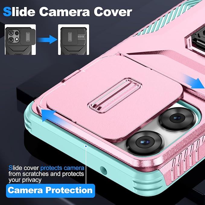 for Moto G Play 5G 2025 Case with Sliding Camera Lens Cover,HD Screen Protector,360° Rotating Ring Kickstand,AYMECL Military-Grade Shockproof Protective Cover for Motorola G Power 2025,Pink+Turquoise - Image 3