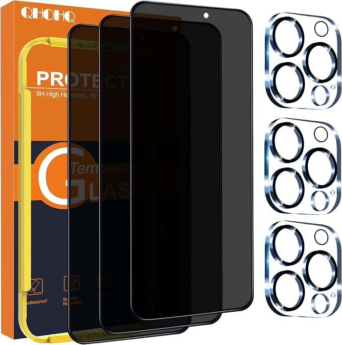 QHOHQ for iPhone 16 Pro Max Privacy Screen Protector+Camera Lens Protector | 3+3Pack Tempered Glass, Military Grade Shatterproof, 9H+ Anti Spy Glass, Full Edge Coverage, Ultra Durable, Installation Tool by QHOHQ