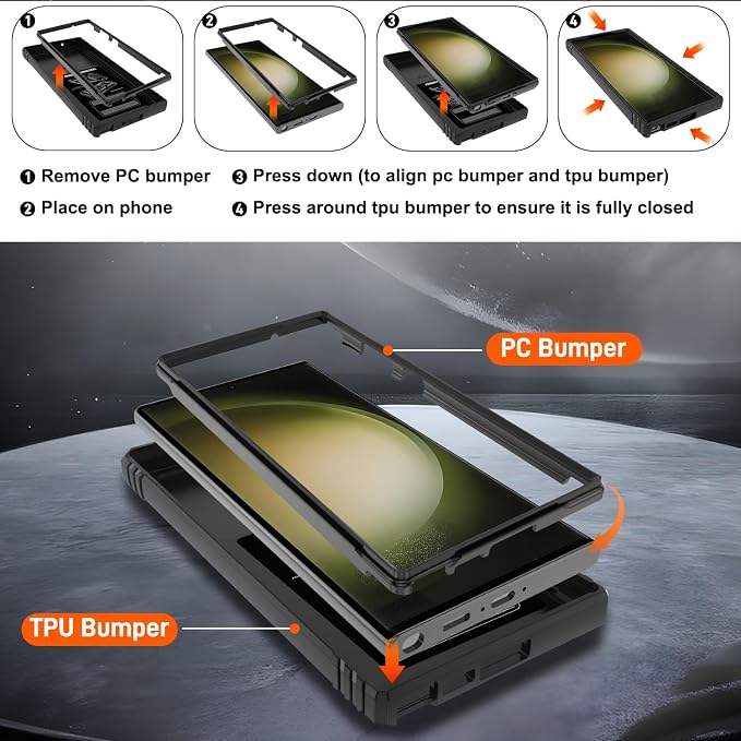 Gritup for Samsung Galaxy S23 Ultra Case with 2PCS Screen Protector, Build in 360° Rotating Ring Kickstand, Military Grade Protective Case for S23 Ultra Phone, Black - Image 4