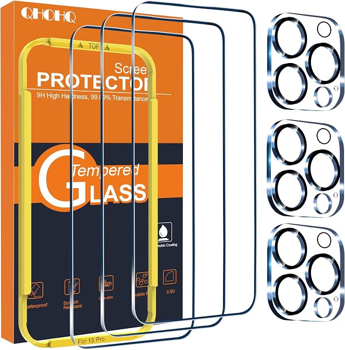 QHOHQ 3 Pack Screen Protector for iPhone 15 Pro [6.1 Inch] with 3 Pack Camera Lens Protector, Tempered Glass Film, HD Clear, 9H Hardness, No Bubbles, Case Friendly by QHOHQ