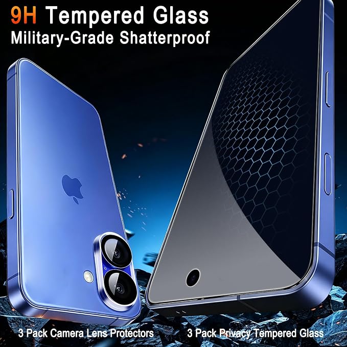 TZGZT Privacy Screen Protector for iPhone 16, Tempered Glass, Case Friendly | 3 Pack, 9H+ Military Grade Shatterproof, Anti-Scratch, HD, Easy Installation, Bubble Free, Includes Camera Lens Protectors - Image 2
