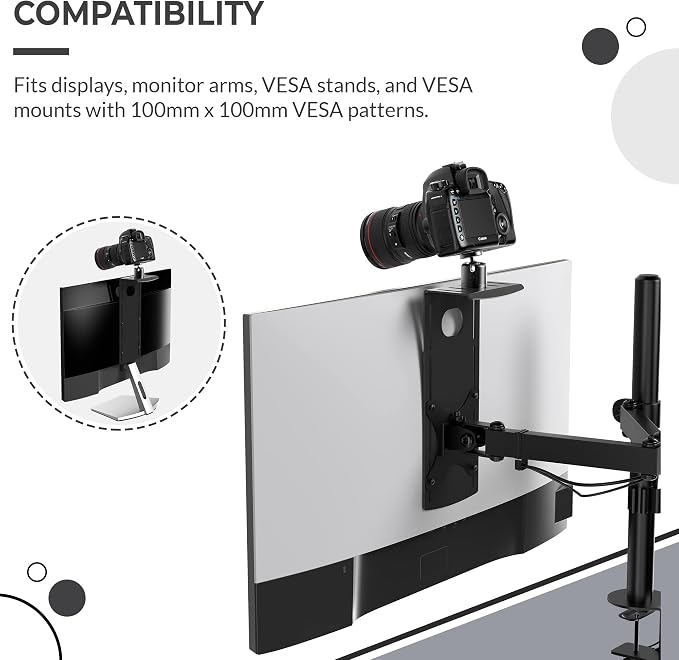 HumanCentric DSLR Monitor Mount Small, Desk Camera Mounting | Light Webcam, Microphone Shelf for Monitor VESA Arm, Replace Clamp Tripods, 100x100mm Patterns, Aluminum, Hardware Included - Image 5
