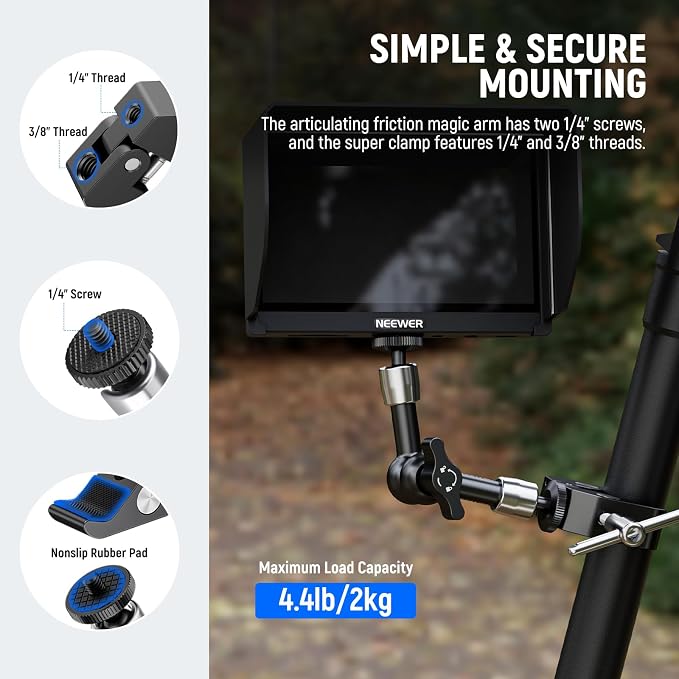NEEWER 6"/15cm Adjustable Magic Arm with Super Clamp, 1/4" & 3/8" Threads, 1/4" Screws for Flash/LED Light/Microphone/Monitor, Compatible with SmallRig Camera Cage, Max Load: 4.4lb/2kg, ST15C - Image 4