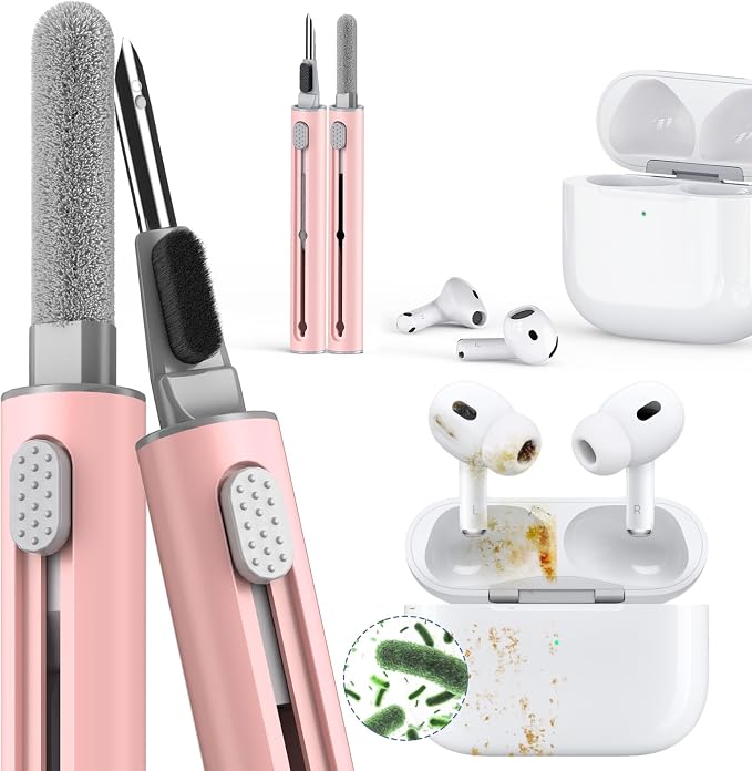 Inesore for AirPod Cleaning Kit, for Phone Earbuds Electronics (Pink) | Metal Tip, High-Density Soft Brush, Flocked Sponge Tip, 3 in 1 Design, Compact & Lightweight, Easy Operation, Easy to Carry by Inesore