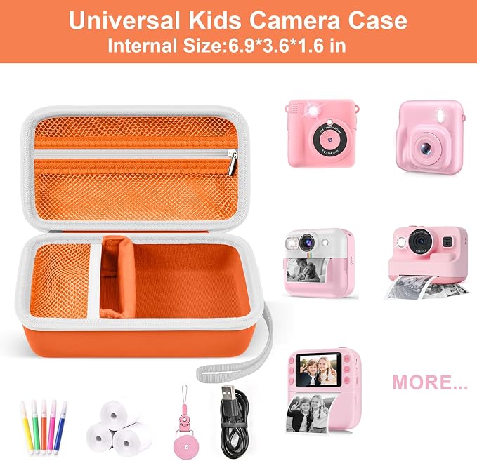 Kids Instant Print Camera Case, Travel Storage Bag for Girls Boys | for ESOXOFFORE for Dylanto for Anchioo for WEEFUN for GKTZ for Amzelas for Mafiti, Mesh Pocket, Wrist Strap, Orange - Image 2