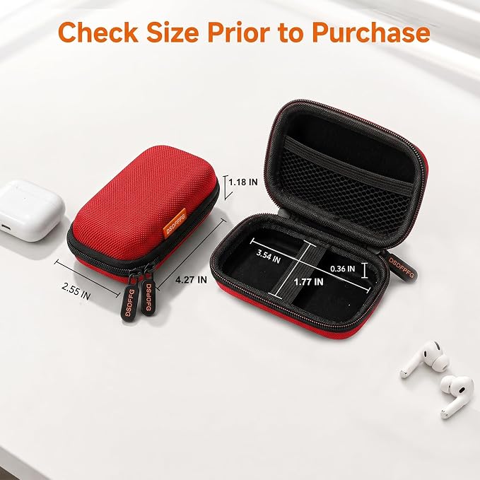 Mini Small Hard Shell Earbud Case, Red Rectangle Carrying Zipper IEMs Pouch | for Apple Airpods, Earpods, Samsung Galaxy Buds, Wired Wireless Earbuds, Earplugs, In Ear Monitor, USB Cable, Flash Drive - Image 3