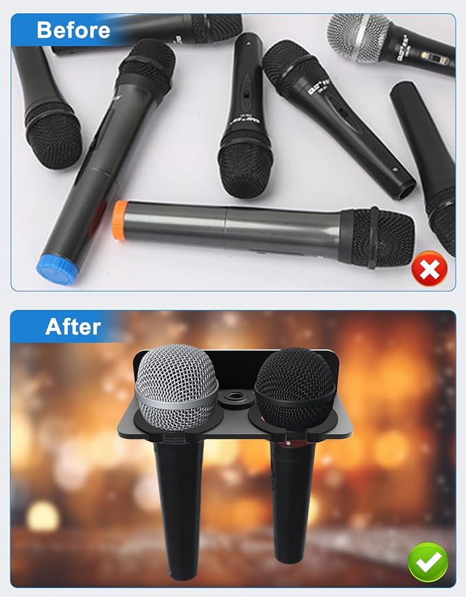 Double Mic Holder for Stand, Wall Mounted for 2 Handheld Wired/Wireless Mic | Multiple Mic Organizer Fits 5/8 & 3/8 Stands, Rubber Pad Protection, Holds 2 Dynamic Mics for Church/Stage/Studio/Podcast - Image 7