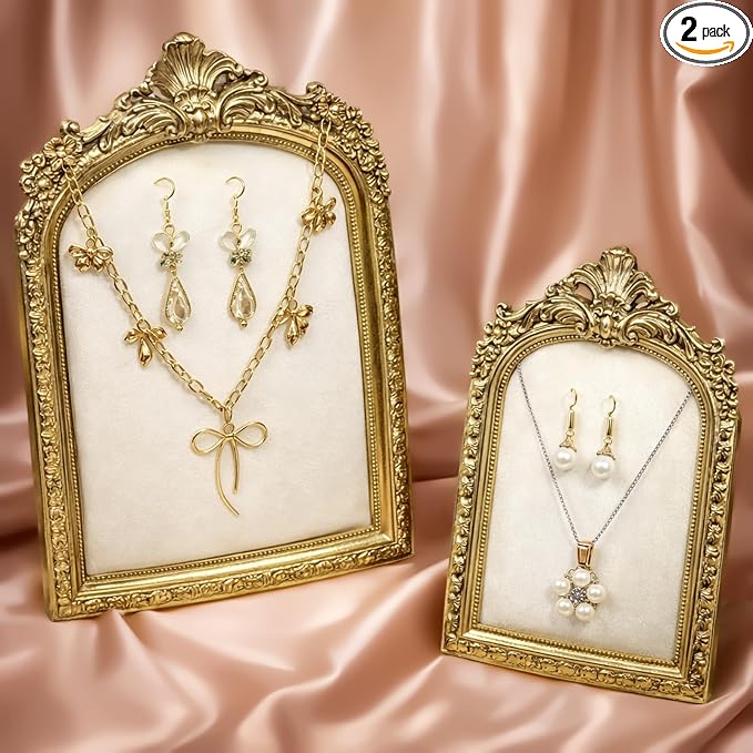 2PCS Vintage Jewelry Display Stand Set Baroque Gold Resin Photo Frame by Unknown