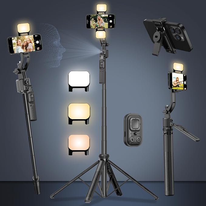 Auto Face Tracking Tripod for iPhone with Light 63” Selfie Stick Tripod Stand Follows Your Movement 360° Phone Camera Tripod with Wireless Remote for Content Creator Vlog Live Stream Video Recording by HMDMDN