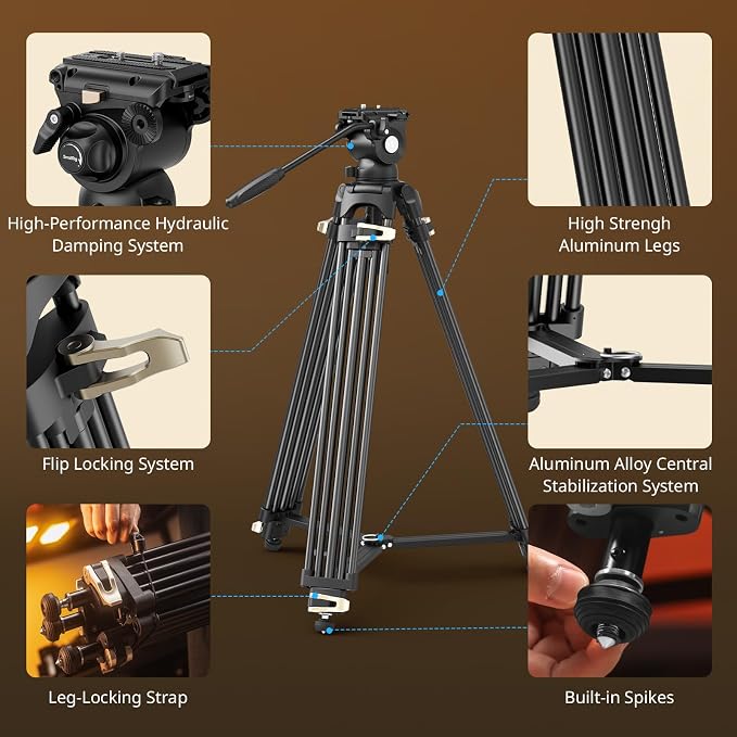 SmallRig AD-01S Video Tripod, 74" Heavy Duty Tripod with Pan and Tilt Fluid Head, Dual-Mode Quick Release Plate, Load up to 13.2lb / 6kg for DSLR, Camcorder, Cameras - Image 8