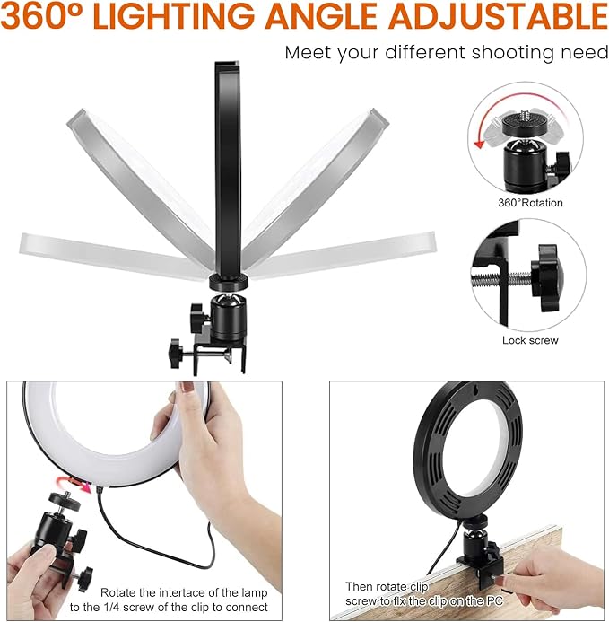 2 in 1 LED 6" Ring Light with Tripod Stand & Clamp for YouTube Video and Makeup, Mini LED Camera Light with Cell Phone Holder Desktop Lamp with 3 Light Modes & 11 Brightness Level - Image 6