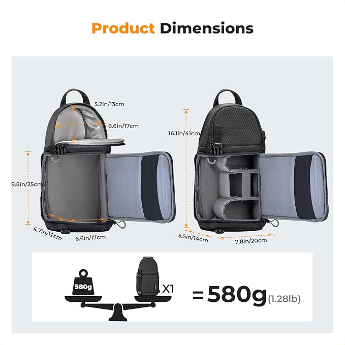 K&F CONCEPT Camera Sling Bag, Compact Crossbody Backpack, 10L | Fits Mirrorless & Small DSLR. Water-Repellent Twill Fabric. 5 Removable Dividers. Adjustable Strap 20.5–39.8 in. BS11 - Image 7