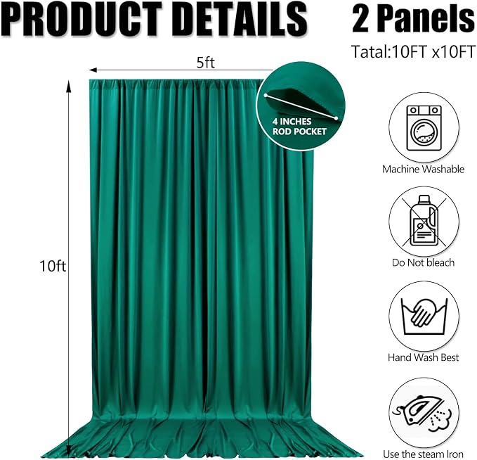 10ft x 10ft Green Backdrop Curtains for Parties, Polyester Fabric Backdrop Drapes with Rod Pockets for Weddings, Birthday, Halloween, Photography, Christmas Party Background Curtain, 2 Panels - Image 2