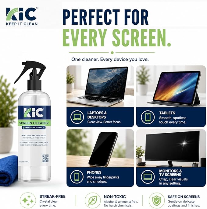 KIC CrystalVu Screen Cleaner Spray Kit (16oz) with Microfiber Cloth | Streak-Free Cleaner, For TV, Phone, Laptop, Monitor & Tablet Screens, NSF Certified Safe Formula - K2-KCV16Z1 - Image 4