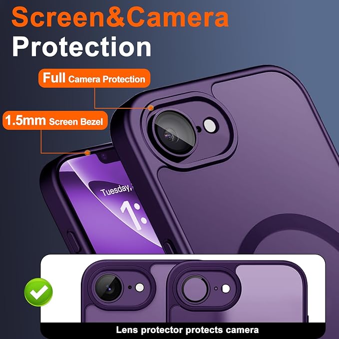 Magnetic for iPhone 17e Case & iPhone 16e Case, Purple | Full Camera Protection, with Privacy Screen Protector, Compatible with MagSafe, Matte Shockproof Cover for 17 e / 16 e - Image 5
