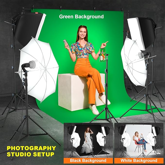 LINCO Lincostore Photo Video Studio Light Kit AM169 | Photography lighting kit, 3 muslin backdrop (black/white/green), softbox & carry bag; for portrait, video, product shoots - Image 2