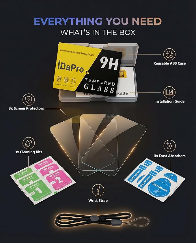 iDaPro Screen Protector for Kodak PIXPRO WPZ2, 9H Tempered Glass | 3-Pack + Hand Lanyard + ABS Box. 9H Hardness, Anti-Scratch, Anti-Bubble, HD Clarity, Anti-Fingerprint, Anti-Glare - Image 9