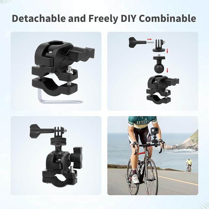Bike Motorcycle Camera Mount Bundle Kit, 1/4 Screw & Tripod Mount Adapter, 360°Rotating Ball Head Base -Ballhead Arm Super Mounting Clamp for Most Action Camera, Clamp(0.86"-1.26“) 75016 - Image 3