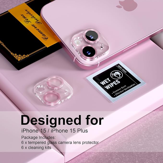 for 6 Pack iPhone 15 / iPhone 15 Plus Camera Lens Protector [Drop Protection] [Case Friendly] [Easy Installation] 9H Tempered Glass Camera Screen Protector Cover Accessories, CD Pink - Image 2