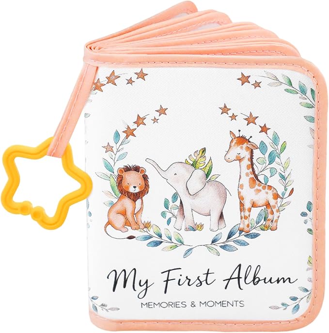 Baby Photo Album, My First Photo Album for Baby & Toddler, Peach | 17 Photo Slots(4×6"), Soft Anti-Scratch Edges, Shatterproof Safety Mirror, Star Hanging Hook, Family Memory Keepsake Book by AUVCAS