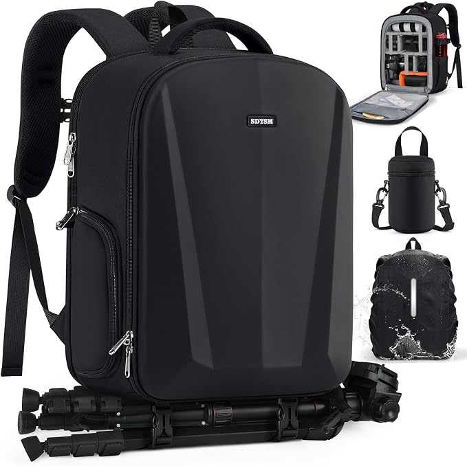 SDYSM Camera Backpack, Hardshell DSLR/SLR Camera Bag with Lens Pouch & 15.6" Laptop Compartment Waterproof Camera Case with Rain Cover Photography Backpack Compatible for Canon/Nikon/Sony/Drone Black by SDYSM