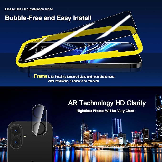 QHOHQ iPhone 16 Privacy Screen Protector + Camera Lens Protector, 3+3 Pack | Tempered Glass, Military Grade Shatterproof, Top 9H+ Anti Spy Glass, Full Edge Coverage, Ultra Durable, Installation Tool - Image 8