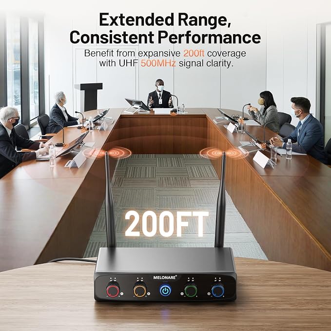 MELONARE 4-Channel Wireless Conference Microphone System MWM-41-4G | 4 gooseneck mics, 4 x 10 frequencies, 200 ft range, UHF cordless setup for lecture, church, conference and public speaking - Image 3
